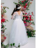 Long Sleeves White Lace Tulle V Back Flower Girl Dress